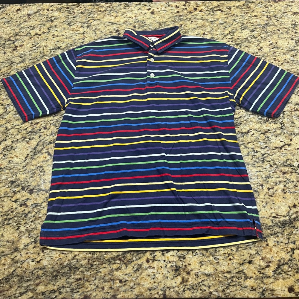 Orvis Mens Polo Shirt Medium Navy Blue Rainbow Stripe Cotton Short Sleeve Casual